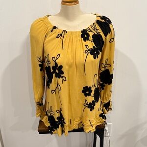 Mustard Yellow Floral Ruffle-Hem Pesent Top with embroidery